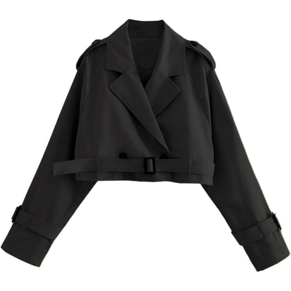 Women's Cropped Bike Jacket Casual Double Breasted Trench Coat with Belt Black